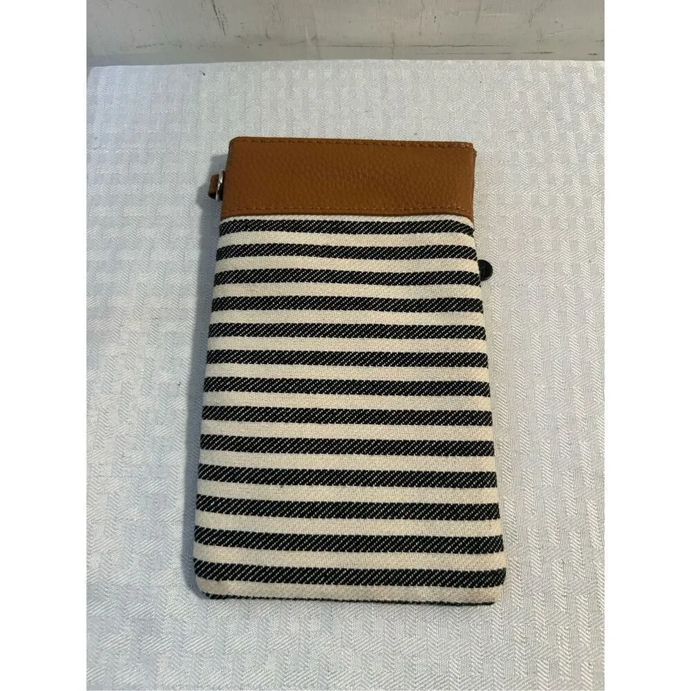 Baggallini Phone Pouch OS Black White Striped Canvas Tan Trim Women